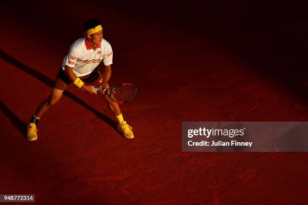 Kei Nishikori of Japan in action during his men's singles match against Andreas Seppi of Italy on day five of the ATP Masters Series Monte Carlo...