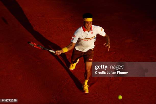 Kei Nishikori of Japan in action during his men's singles match against Andreas Seppi of Italy on day five of the ATP Masters Series Monte Carlo...