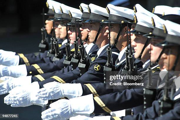 Members of the armed forces parade during the Bastille Day celebrations on the Champs Elysees in Paris, France, on Monday, July 14, 2008. Syrian...