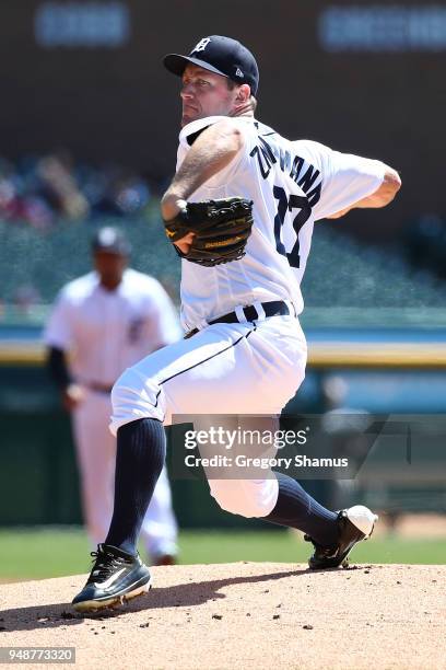 Jordan Zimmermann of the Detroit Tigers throws a first inning pitch while playing the Baltimore Orioles at Comerica Park on April 19, 2018 in...