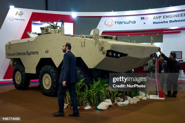 Tigon 6x6 armored wheeled vehicle produced by Hanwha Defense Systems on display at the Defence Services Asia 2018 international exhibition at MITEC...