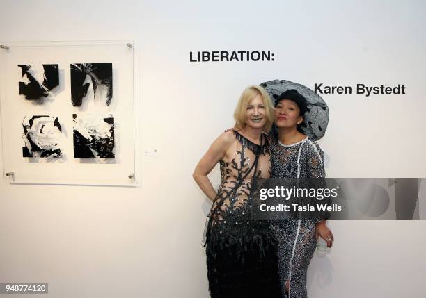 Artist Karen Bystedt and designer Feng attend Liberation: A provocative exhibition by two female artists: Karen Bystedt and Scarlet Mann at Bruce...