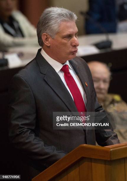 Cuba's new President Miguel Diaz-Canel delivers a speech after he was formally named president by the National Assembly, in Havana on April 19, 2018....