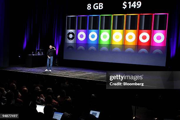 Steve Jobs, chief executive officer and co-founder of Apple Inc., unveils the color options for the new iPod Nano during an event entitled "Let's...