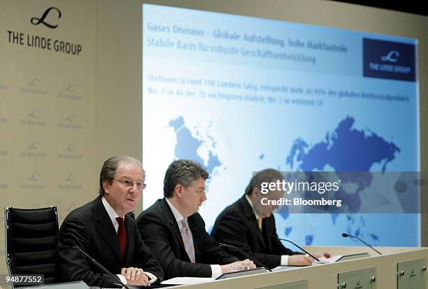 Left to right: Wolfgang Reitzle, chief executive officer of The Linde Group, George Denoke, chief financal officer of the company, and Aldo Belloni,...