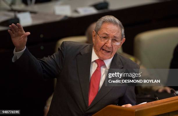 Cuba's outgoing President Raul Castro delivers a speech after Miguel Diaz-Canel was formally named president by the National Assembly, in Havana on...