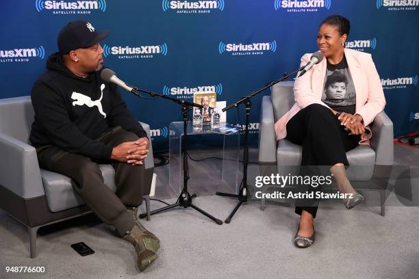 Entrepreneur and author Daymond John talks with SiriusXM host Karen Hunter for SiriusXMÕs Town Hall series at SiriusXM Studios on April 19, 2018 in...