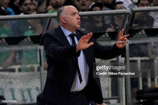 Pablo Laso, Head Coach of Real Madrid react during the Turkish Airlines Euroleague Play Offs Game 2 between Panathinaikos Superfoods Athens v Real...