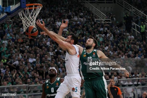 Rudy Fernandez, #5 of Real Madrid competes with Ian Vougioukas, #15 of Panathinaikos Superfoods Athens during the Turkish Airlines Euroleague Play...