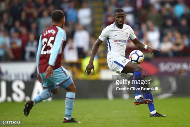 Antonio Rudiger of Chelsea controls the ball under pressure from Aaron Lennon of Burnley during the Premier League match between Burnley and Chelsea...