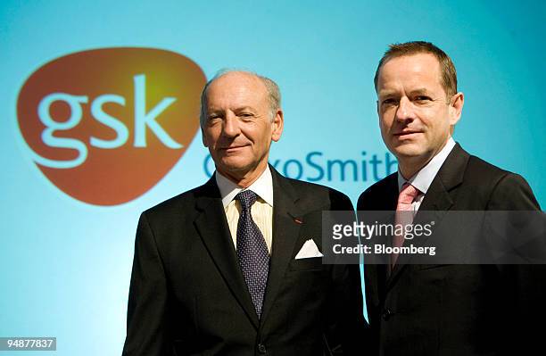 Jean-Pierre Garnier, GlaxoSmithKline chief executive officer, left, and Andrew Witty, GlaxoSmithKline chief executive officer designate, pose for...