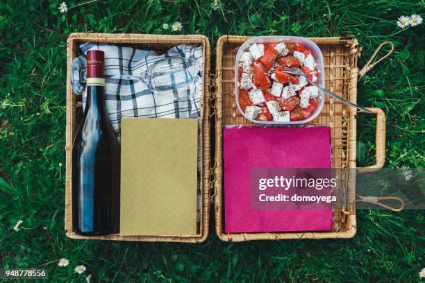 close-up of a picnic basket in the grass - wine basket stock pictures, royalty-free photos & images