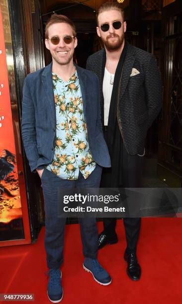 Ricky Wilson and Tom Lipop arrives for the Gala Night performance of "Bat Out Of Hell The Musical" at the Dominion Theatre on April 19, 2018 in...