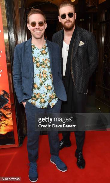 Ricky Wilson and Tom Lipop arrives for the Gala Night performance of "Bat Out Of Hell The Musical" at the Dominion Theatre on April 19, 2018 in...