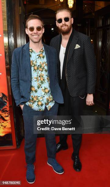 Ricky Wilson and Tom Lipop arrives for the Gala Night performance of "Bat Out Of Hell The Musical" at the Dominion Theatre on April 19, 2018 in...