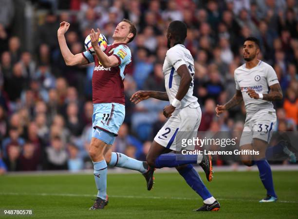 Chris Wood of Burnley controls the ball during the Premier League match between Burnley and Chelsea at Turf Moor on April 19, 2018 in Burnley,...