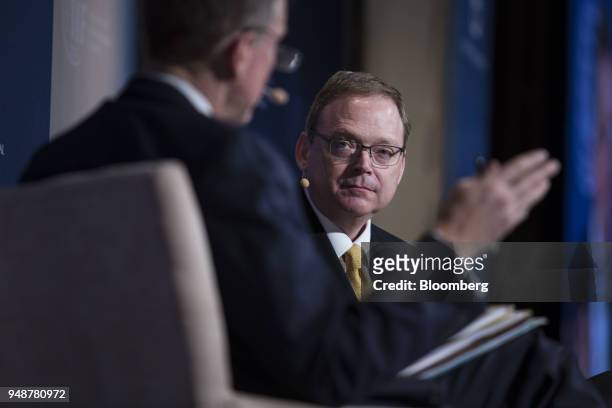 Kevin Hassett, chairman of the Council of Economic Advisers , listens during a discussion at the Institute of International Finance policy summit in...