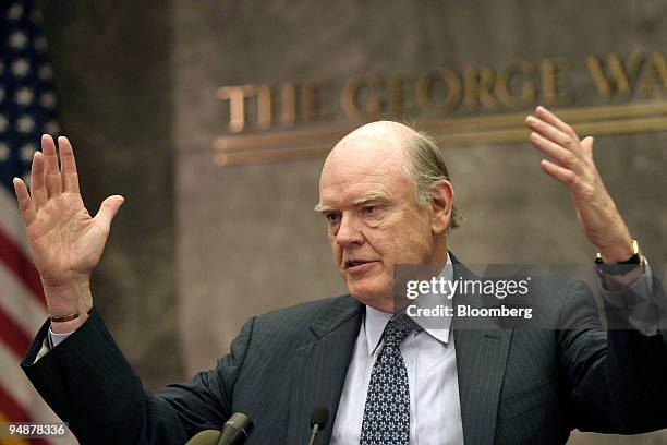 Treasury Secretary John Snow delivers the 24th Annual Manuel F. Cohen Lecture at the George Washington University Law School in Washington, DC, March...