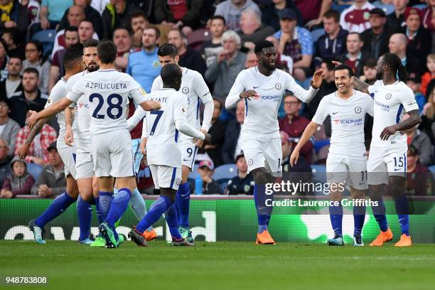 Chelsea players celebrate after their sides first goal, an own goal by Burnley's Kevin Long, during the Premier League match between Burnley and...