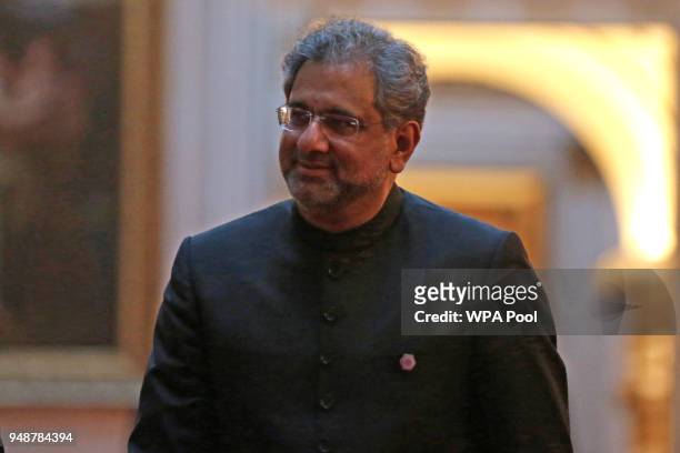 Pakistan's Prime Minister Shahid Khaqan Abbasi arrives to attend The Queen's Dinner during The Commonwealth Heads of Government Meeting at Buckingham...