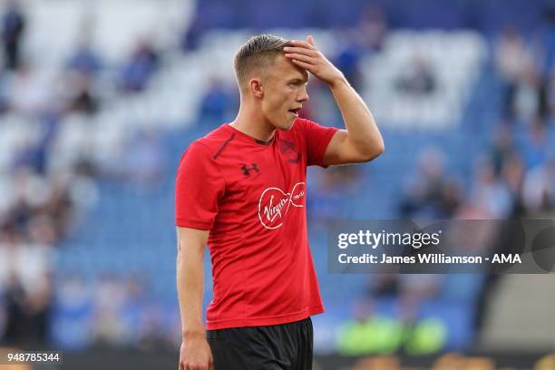 Jack Stephens of Southampton during the Premier League match between Leicester City and Southampton at The King Power Stadium on April 19, 2018 in...
