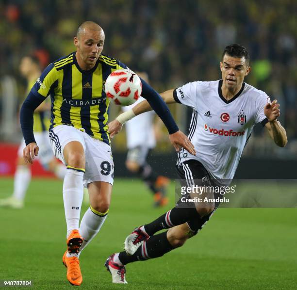 Pepe of Besiktas in action against Aatif Chahechouhe of Besiktas during Ziraat Turkish Cup Semi Final second leg soccer match between Fenerbahce and...