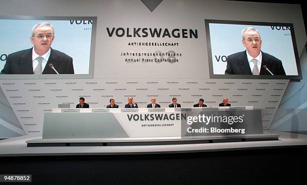 Martin Winterkorn, chief executive officer of Volkswagen AG, speaks on a large screen at the company's annual earnings press conference in Wolfsburg,...