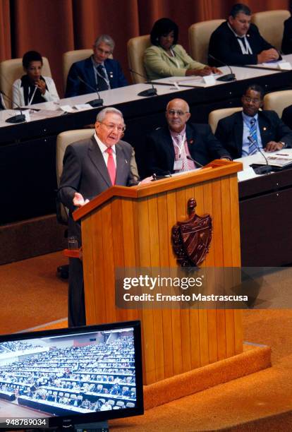 The first secretary of the Communist Party of Cuba and former Cuban President Raúl Castro delivers a speech during the closing session of the IX...