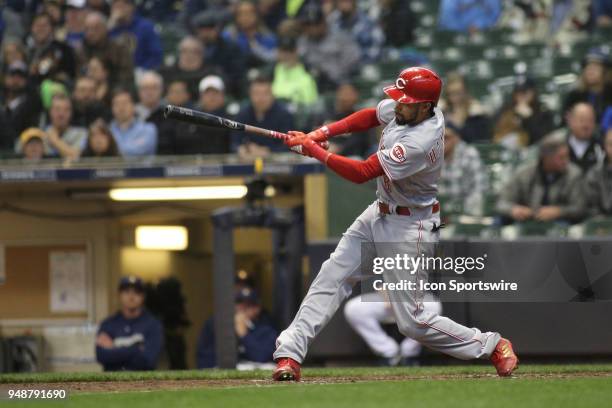 Cincinnati Reds center fielder Billy Hamilton hits during a baseball game between the Milwaukee Brewers and the Cincinnati Reds at Miller Park on...