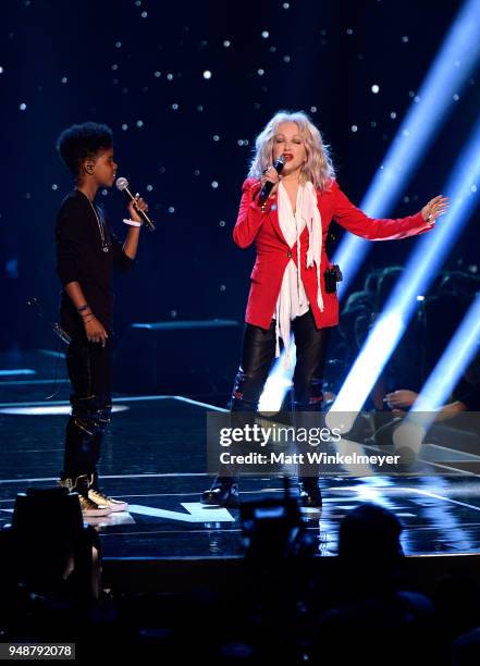 McCrary and Cyndi Lauper perform onstage at WE Day California at The Forum on April 19, 2018 in Inglewood, California.