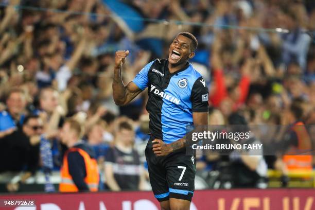 Club's Brazilian forward Wesley celebrates after scoring during the Jupiler Pro League play off match between Club Brugge and Sporting Charleroi on...