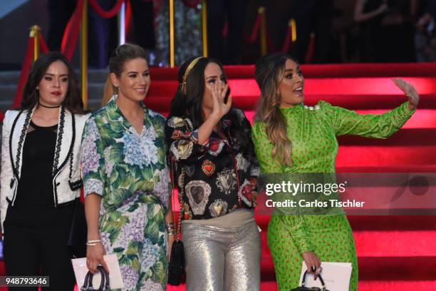 Ines Gomez Mont and Galilea Montijo gesture prior the Dolce & Gabbana Alta Moda and Alta Sartoria collections fashion show at Soumaya Museum on April...