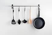 Hanged kitchen utensils Pans and Utensils Hanging on Kitchen Wall
