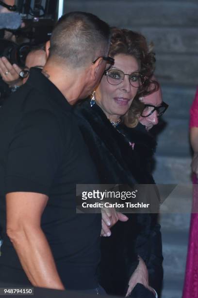 Actress Sofia Loren looks on prior the Dolce & Gabbana Alta Moda and Alta Sartoria collections fashion show at Soumaya Museum on April 18, 2018 in...