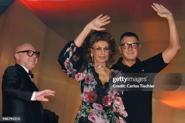 Fashion designer Stefano Gabbana, actress Sofia Loren and fashion designer Domenico Dolce attend the Dolce & Gabbana Alta Moda and Alta Sartoria...