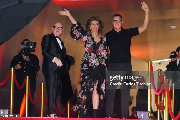 Fashion designer Stefano Gabbana, actress Sofia Loren and fashion designer Domenico Dolce attend the Dolce & Gabbana Alta Moda and Alta Sartoria...