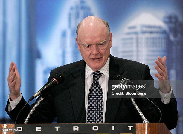 Secretary of Treasury John W. Snow gestures during his speech to the Detroit Economic Club Monday, October 31 in Detroit, Michigan on Monday, October...