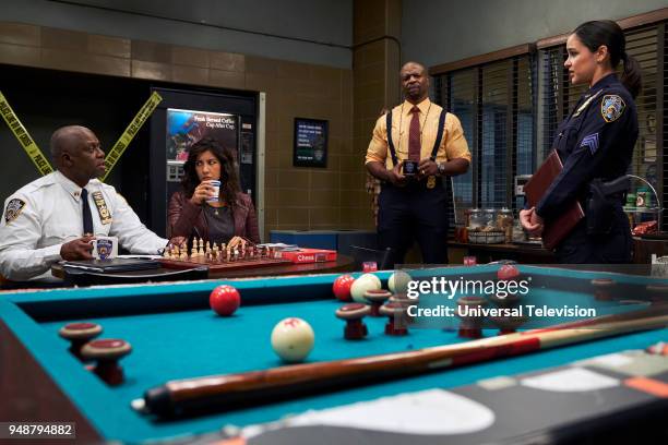 NutriBoom" -- Pictured: Andre Braugher as Captain Ray Holt, Stephanie Beatriz as Rose Diaz, Terry Crews as Terry Jeffords, Melissa Fumero as Amy...