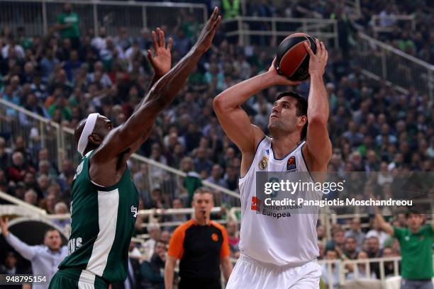 Felipe Reyes, #9 of Real Madrid competes with Chris Singleton, #0 of Panathinaikos Superfoods Athens during the Turkish Airlines Euroleague Play Offs...