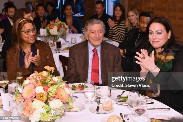 Grace Hightower, Tony Bennett and Joanna Bennett attend the Jury Welcome Lunch - 2018 Tribeca Film Festival at Tribeca Grill Loft on April 19, 2018...