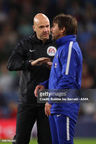 Antonio Conte head coach / manager of Chelsea is spoken to by Fourth Official Anthony Taylor during the Premier League match between Burnley and...