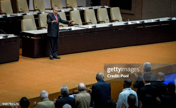 Former Cuban President Raul Castro is applauded during the National Assembly at Convention Palace on April 19, 2018 in Havana, Cuba Diaz-Canel will...