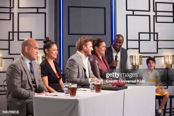 Episode 105 -- Pictured: Guest Judge Tito Ortiz, Host Vanessa Lachey, Head Judge Curtis Stone, Guest Judge Antonia Lofaso, Announcer Akbar...