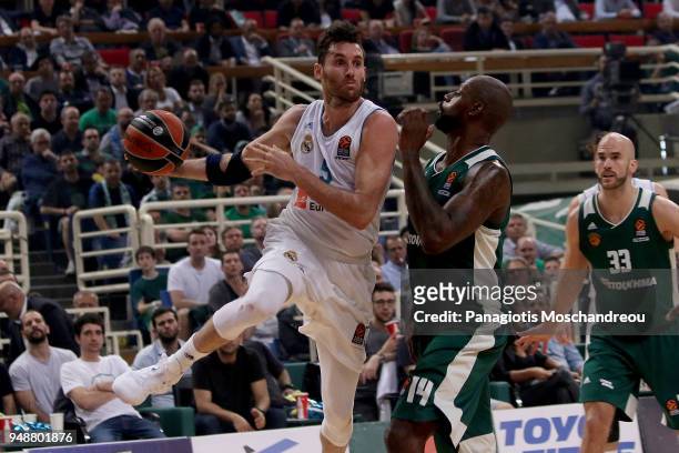 Rudy Fernandez, #5 of Real Madrid competes with James Gist, #14 of Panathinaikos Superfoods Athens during the Turkish Airlines Euroleague Play Offs...