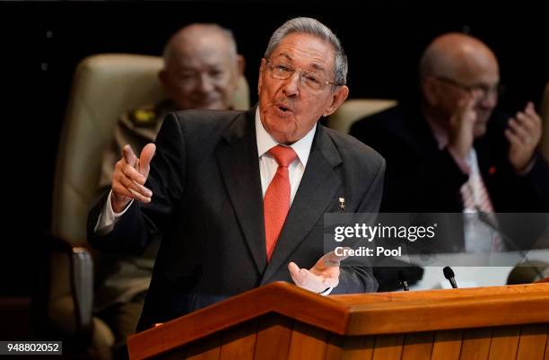 Former president Raul Castro addresses the National Assembly after Diaz-Canel was elected as the nation's new president at Convention Palace on April...