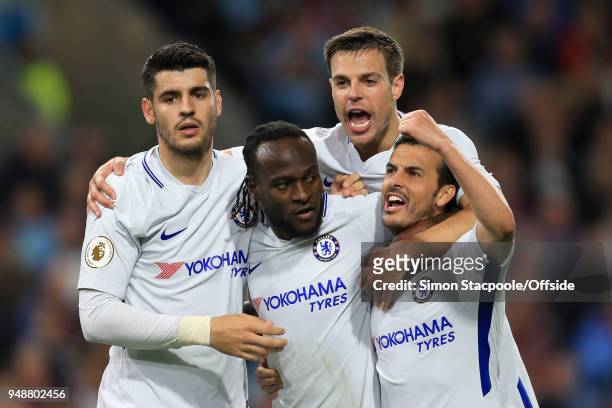 Victor Moses of Chelsea celebrates with teammates Alvaro Morata , Cesar Azpilicueta and Pedro after scoring their 2nd goal during the Premier League...