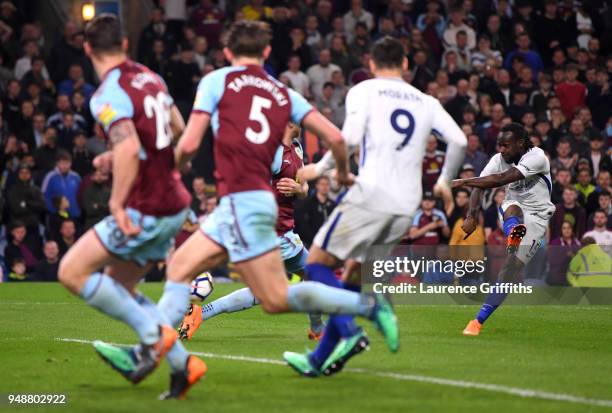 Victor Moses of Chelsea scores his sides second goal during the Premier League match between Burnley and Chelsea at Turf Moor on April 19, 2018 in...