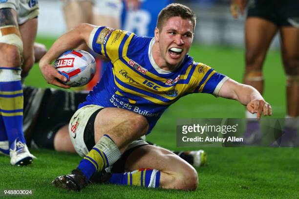 Matt Parcell of Leeds Rhinos celebrates scoring a Try during the BetFred Super League match between Hull FC and Leeds Rhinos at the KCOM Stadium on...