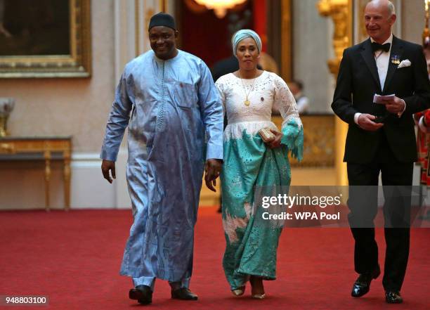 The Gambia's President Adama Barrow arrive to attend The Queen's Dinner during The Commonwealth Heads of Government Meeting at Buckingham Palace on...