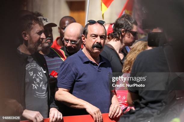 French workers union CGT general secretary Philippe Martinez takes part in a demonstration on April 19, 2018 in Paris, as part of a multi branch day...